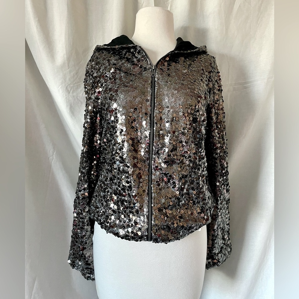 VTG Y2K Forever 21 Sequin Hoodie Jacket Gunmetal sz L